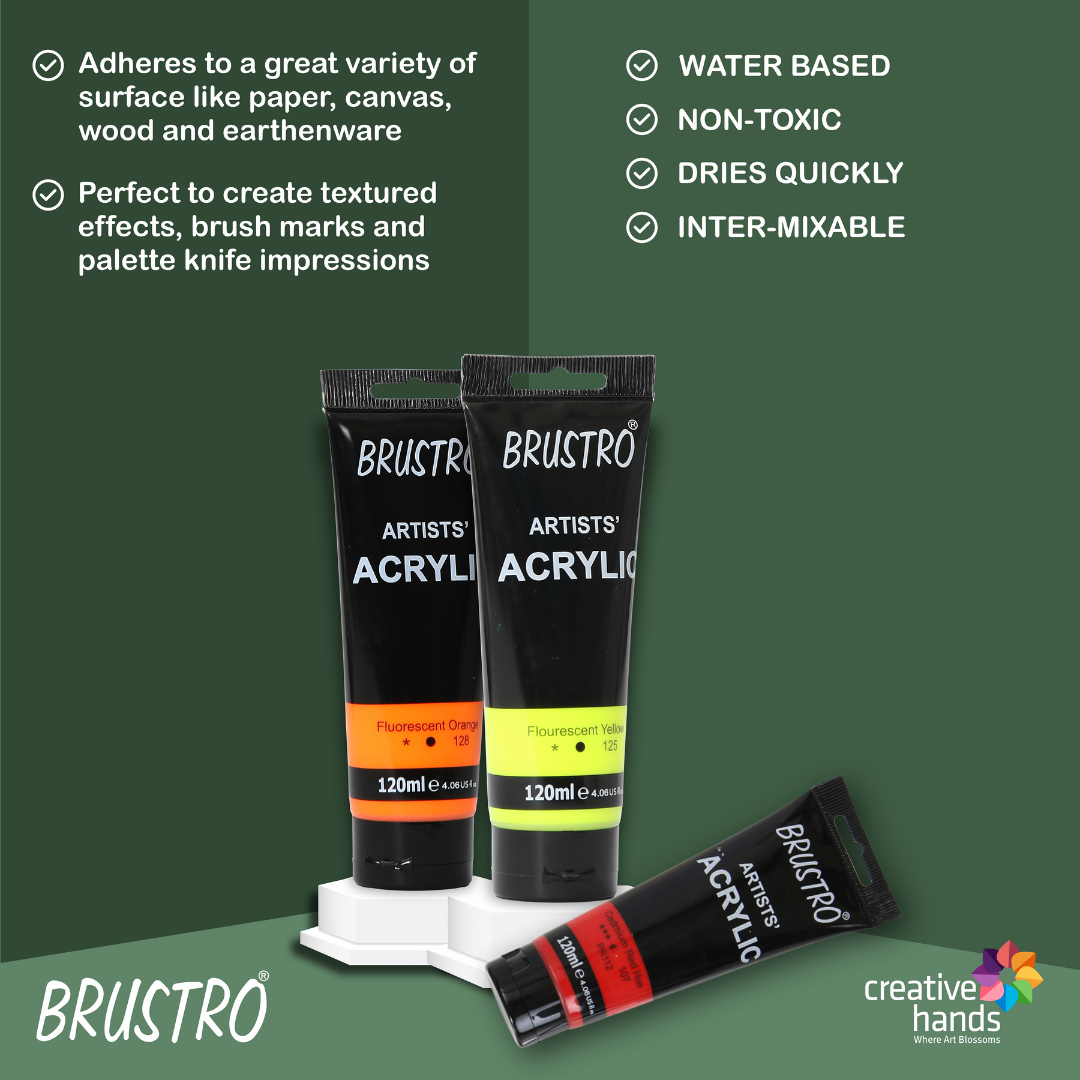 Brustro Artists' Acrylic 120ml, Pack of 5 Primary Shades (Titanium White, Cad Yellow, Ultramarine, Cadmium Red & Ivory Black)