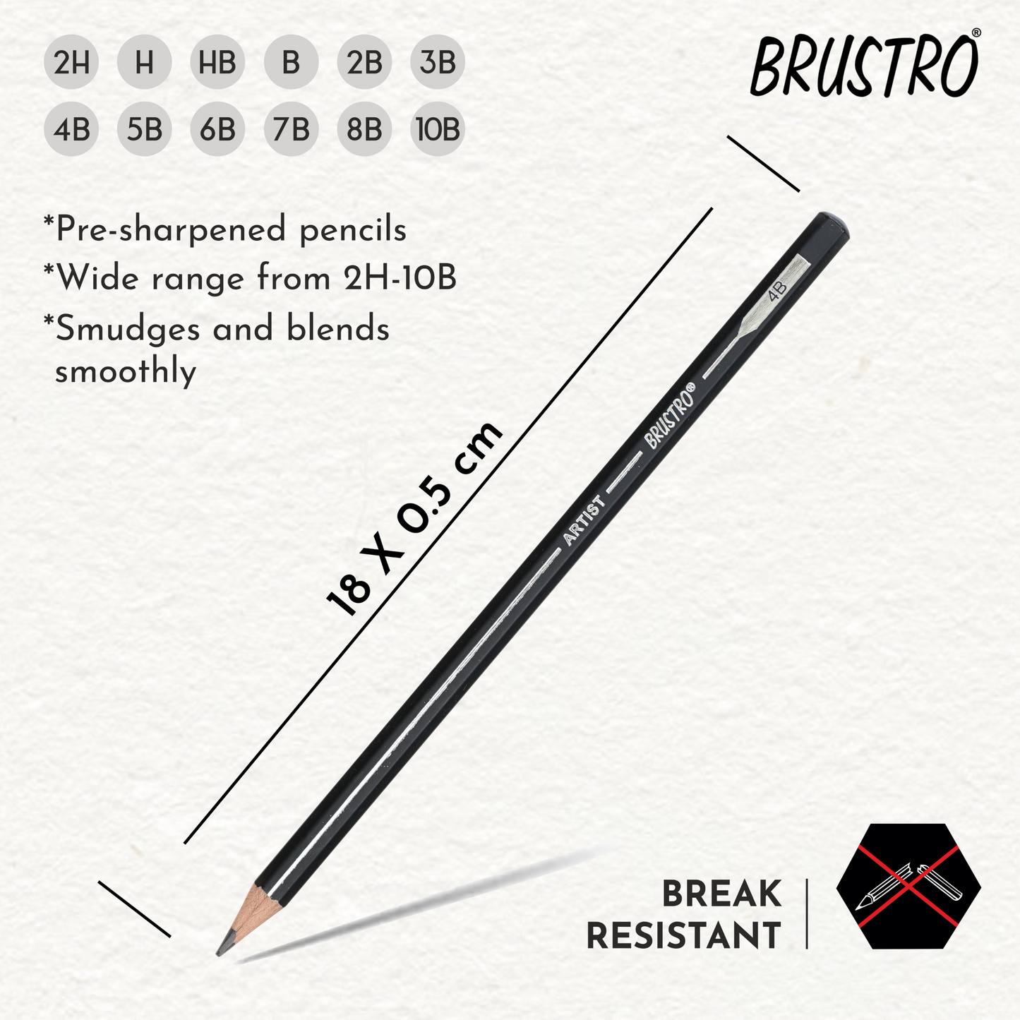 BRUSTRO Fine Art Graphite Pencil - Set of 12 (10B - 2H) with Mechanical Precision Retractable Eraser(2.3mm) | Ideal for Drawing,Sketching,Mandala,Shading,Artwork, Beginners, Artist's and Professionals