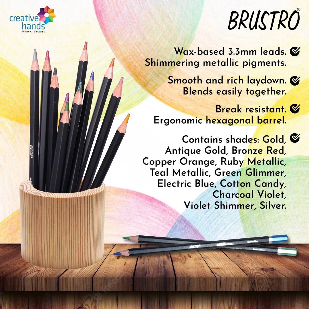 BRUSTRO Artist Metallic Colour Pencil Set of 12 Shades, 3.3mm lead | Wax-based, Ergonommic, Break Resistant, Easy Blending, Non-toxic Colors, Ideal for Fine Art and Craft.