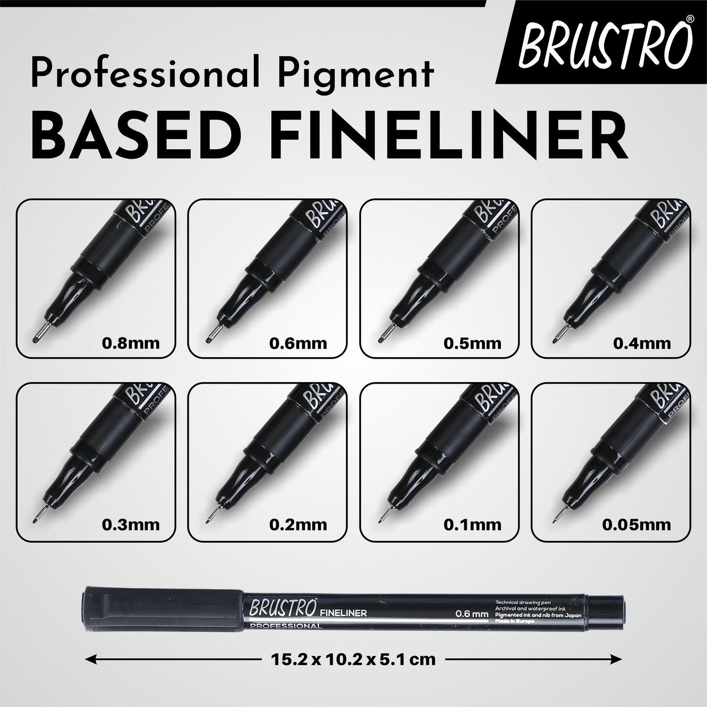 Brustro Professional Pigment Based Fineliner Pen | Black | Pack of 10 |Tip Size - 0.03/0.05/0.1/0.2/0.3/0,4/0.5/0.6/0.8/1 mm |Archival Waterproof UV Resistant Ink|Ideal For Technical Drawing,Waterproof,Artist Illustration,Sketching,Mandala