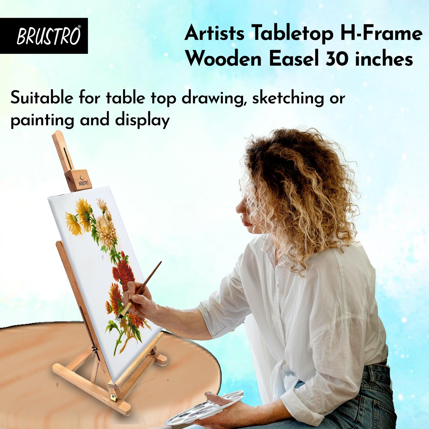 Brustro Artists Tabletop H-Frame Wooden Easel - 30 inches holds canvas up to 63 cm(24"). Canvas holder for acrylic and oil painting. Indoor and outdoor small art easel. Made of beechwood.