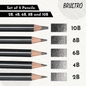 BRUSTRO Graphite Pencil Set of 5 (2B, 4B, 6B, 8B, 10B) with Artists Sketch Book - Wiro Bound, A5 (14.8 x 21 CM), 116 Pages,160 GSM and ECO PVC Dust Free Erasers (2 Pcs) | Drawing,Sketching,Mandala Art
