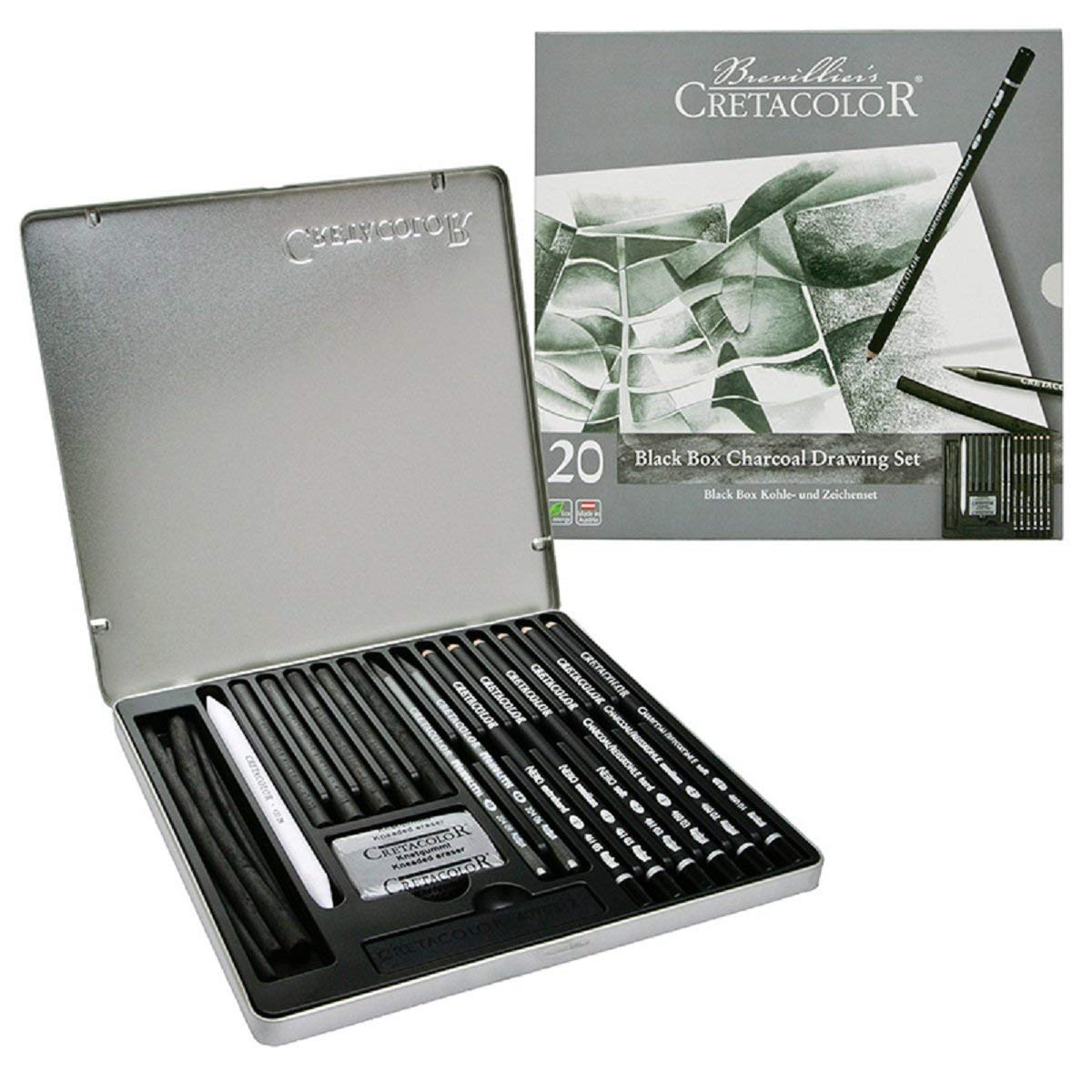 Cretacolor Black Box Charcoal Drawing Set of 20 - Tin Box (Free Brustro Artists' Sketch Book A5)