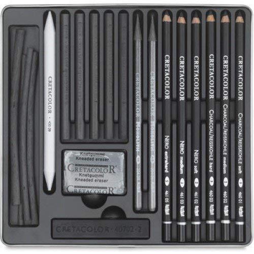 Cretacolor Black Box Charcoal Drawing Set of 20 - Tin Box (Free Brustro Artists' Sketch Book A5)