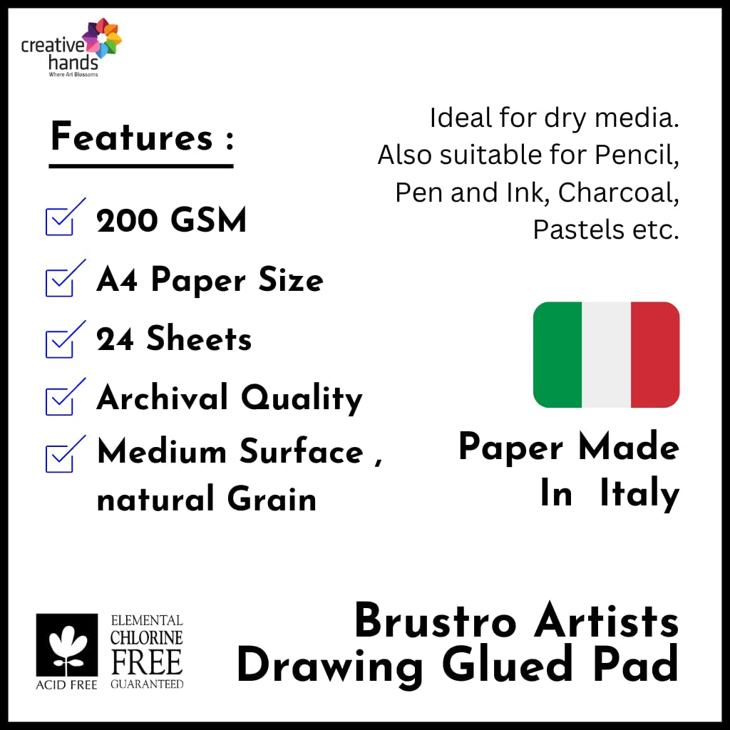 Brustro Artist Drawing Glued Pad (200 GSM,A4,24 Sheets,Natural Grain,Medium Surface) With Cretacolor Fine Art Pastel Pencil Set of 72,Blue (in a Tin Box)|Ideal for Sketching,Painting,Charcoal,Gouache