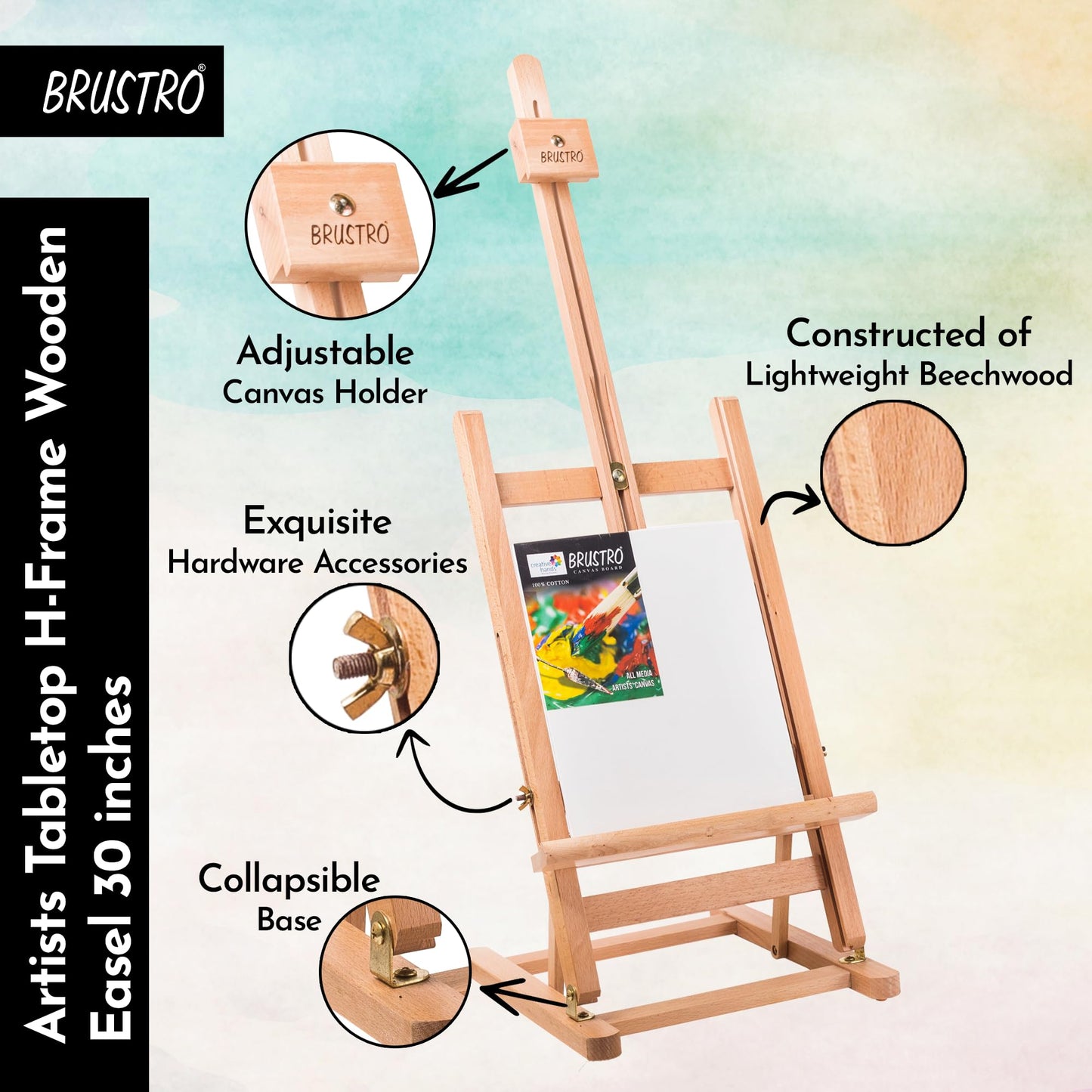 Brustro Artists Tabletop H-Frame Wooden Easel - 30 inches holds canvas up to 63 cm(24"). Canvas holder for acrylic and oil painting. Indoor and outdoor small art easel. Made of beechwood.