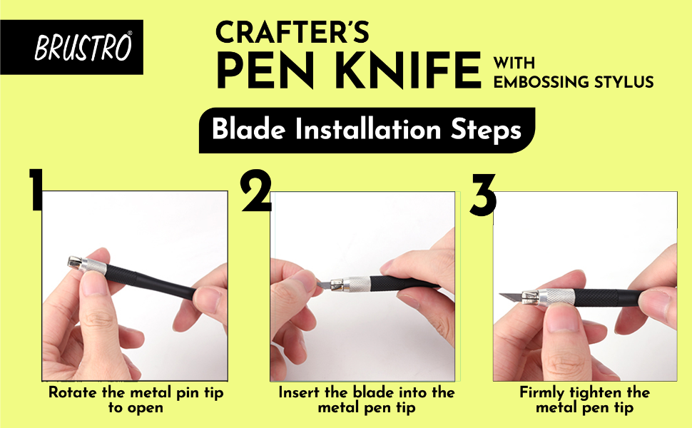BRUSTRO Crafters Pen Knife with Embossing Stylus | 8 Blade Refills included | Lightweight, Textured Grip, Ideal for DIY Crafts, Intricate Designs, Paper Craft, Origami, Sharpening, Cutting Pencils
