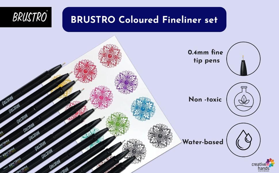 BRUSTRO Coloured Fineliner set of 12, 0.4mm. Ideal For writing, drawing, doodles, mandala etc.