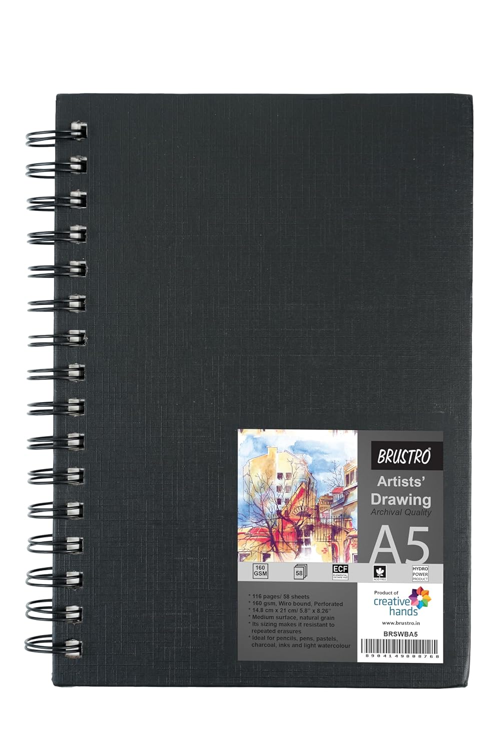 BRUSTRO Graphite Pencil Set of 5 (2B, 4B, 6B, 8B, 10B) with Artists Sketch Book - Wiro Bound, A5 (14.8 x 21 CM), 116 Pages,160 GSM and ECO PVC Dust Free Erasers (2 Pcs) | Drawing,Sketching,Mandala Art