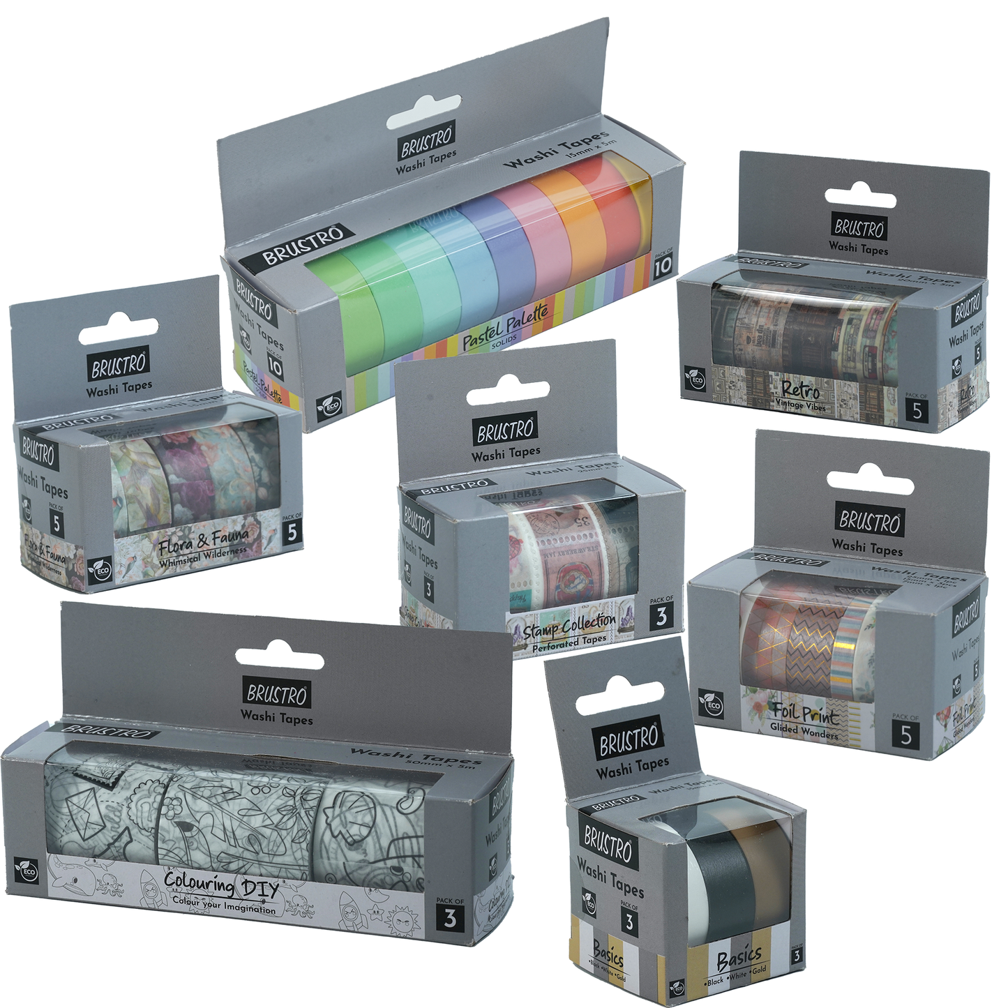 Brustro Washi Tape Bundle includes- Pastel Palette Solids Shade, Foil Prints Shade, Retro Series, Basics Shade, Stamp Collection Shade, Flora and Fauna Shade, DIY Colouring tapes.