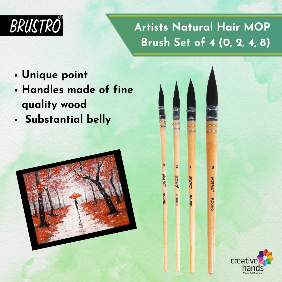 BRUSTRO Artist's Natural Hair MOP Brush | Set of 4 - (0, 2, 4, 8) | Ideal for Watercolor, Synthetic, Blend, Round Paint Brush, Art Painting, Colour, Gouache, Wooden Handle, Professional and Students