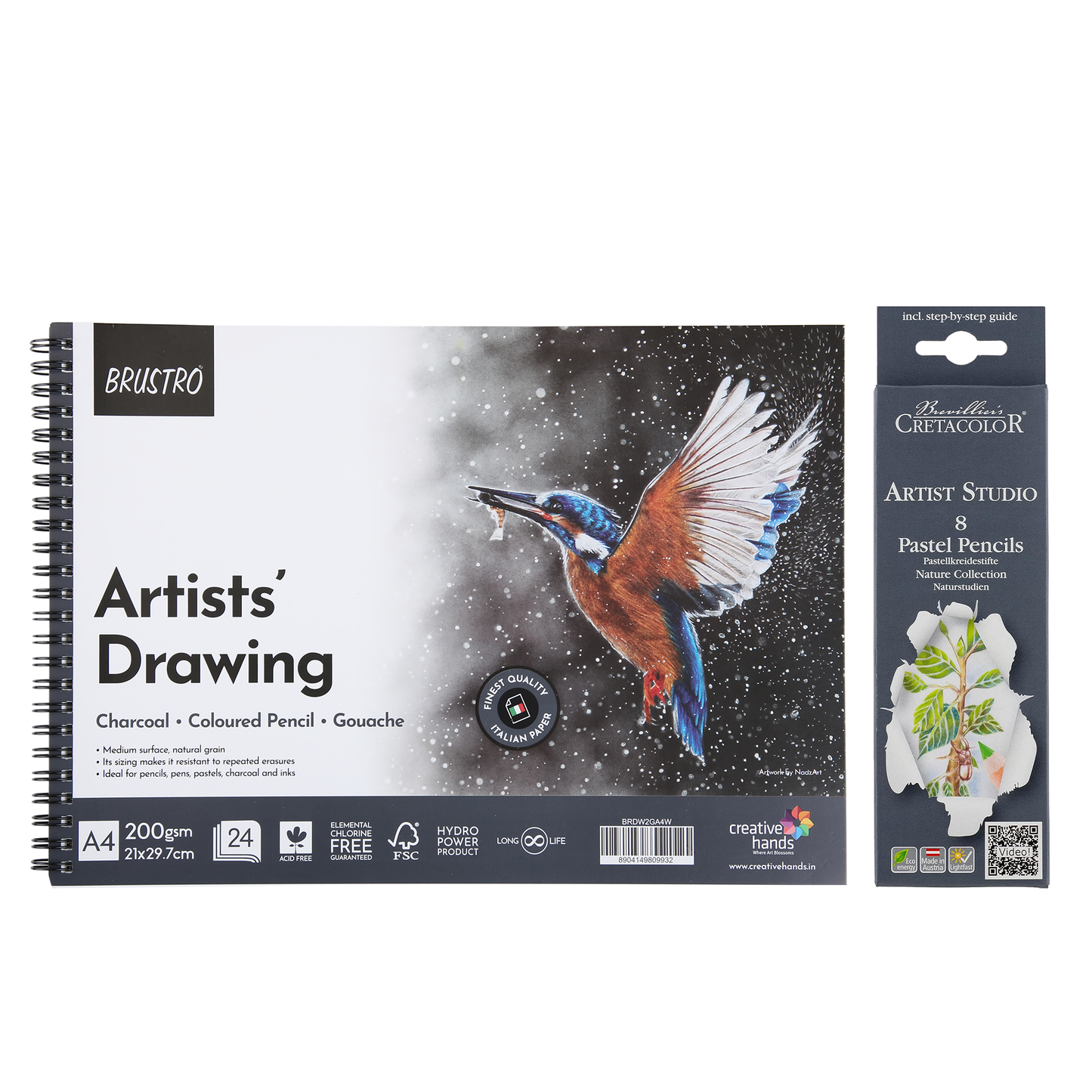 Brustro Drawing Wiro Paper Pad (A4,200 GSM,24 Sheets) With CRETACOLOR Artists Studio Line Pastel Pencil (Set of 8-Nature Collection)