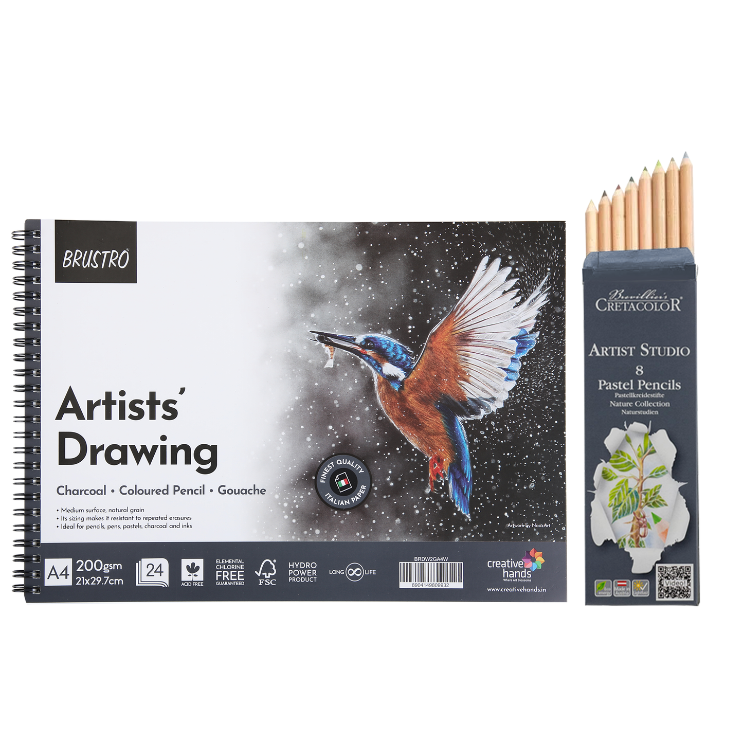 Brustro Drawing Wiro Paper Pad (A4,200 GSM,24 Sheets) With CRETACOLOR Artists Studio Line Pastel Pencil (Set of 8-Nature Collection)|Ideal for Painting,Sketching,Shading,Professionals