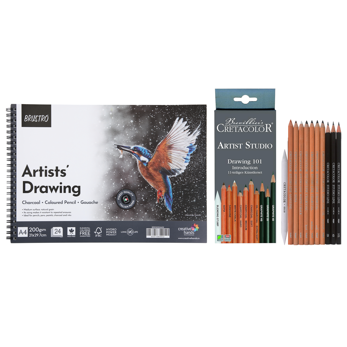 Brustro Drawing Wiro Paper Pad (A4,200 GSM,24 Sheets) With Cretacolor Artists Studio Line Drawing 101 Introduction (Set Of 11,White)|Ideal for Painting,Sketching,Shading,Professionals