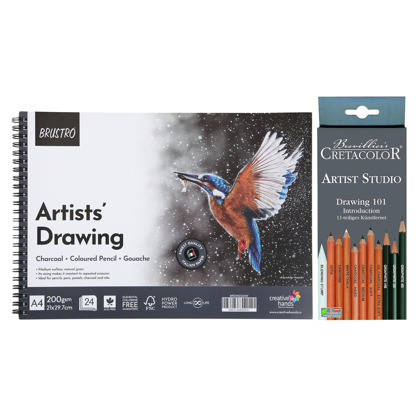 Brustro Drawing Wiro Paper Pad (A4,200 GSM,24 Sheets) With Cretacolor Artists Studio Line Drawing 101 Introduction (Set Of 11,White)|Ideal for Painting,Sketching,Shading,Professionals