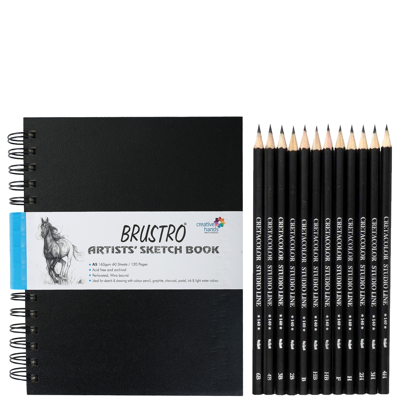 Brustro Wiro Bound Sketch Book (A5,120 Pages,160 GSM,Medium Surface) With Cretacolor Artists Studio Line Graphite Pencil Set of 12 (Black)|Ideal for Drawing,Shading,Fine Arts Students,Professionals