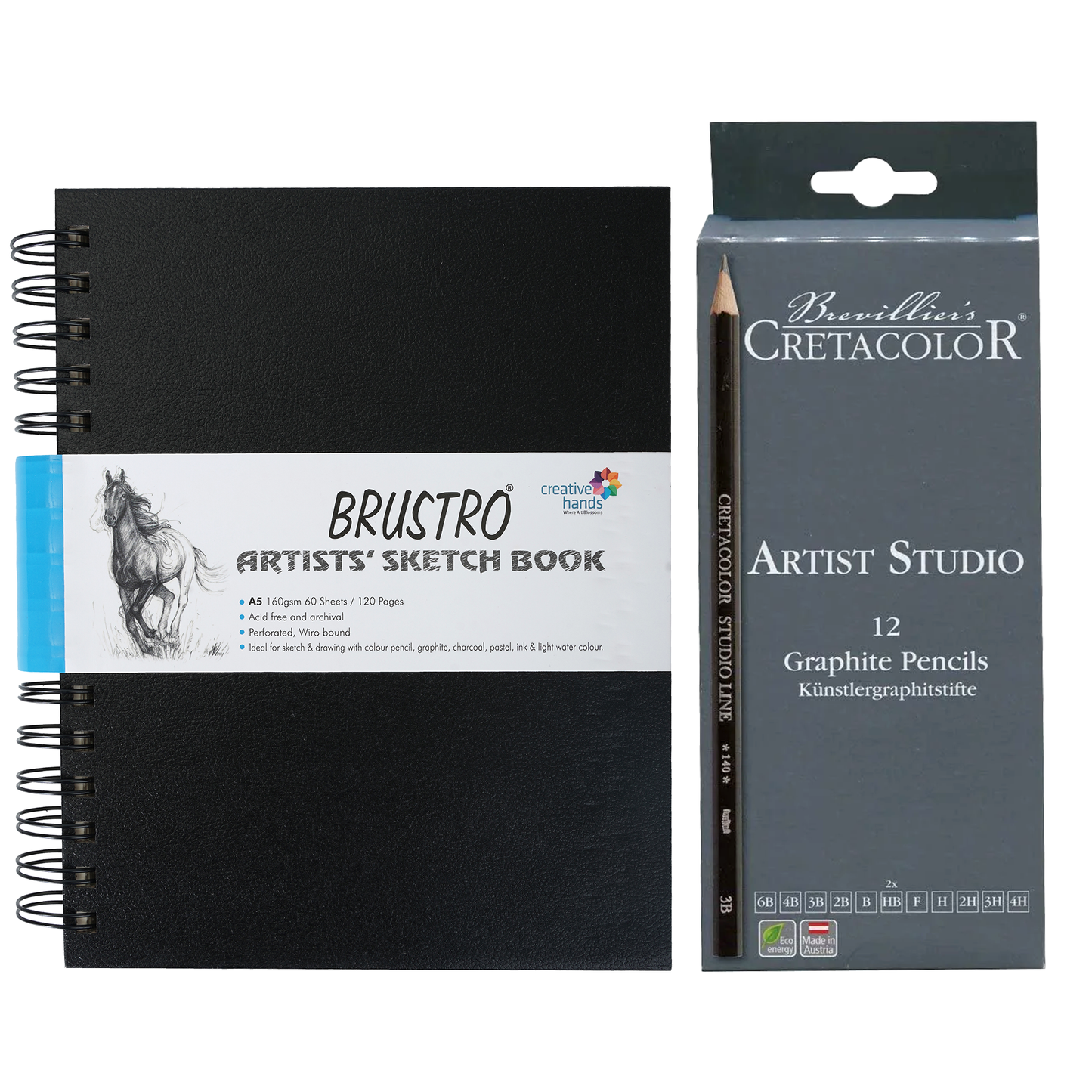 Brustro Wiro Bound Sketch Book (A5,120 Pages,160 GSM,Medium Surface) With Cretacolor Artists Studio Line Graphite Pencil Set of 12 (Black)|Ideal for Drawing,Shading,Fine Arts Students,Professionals