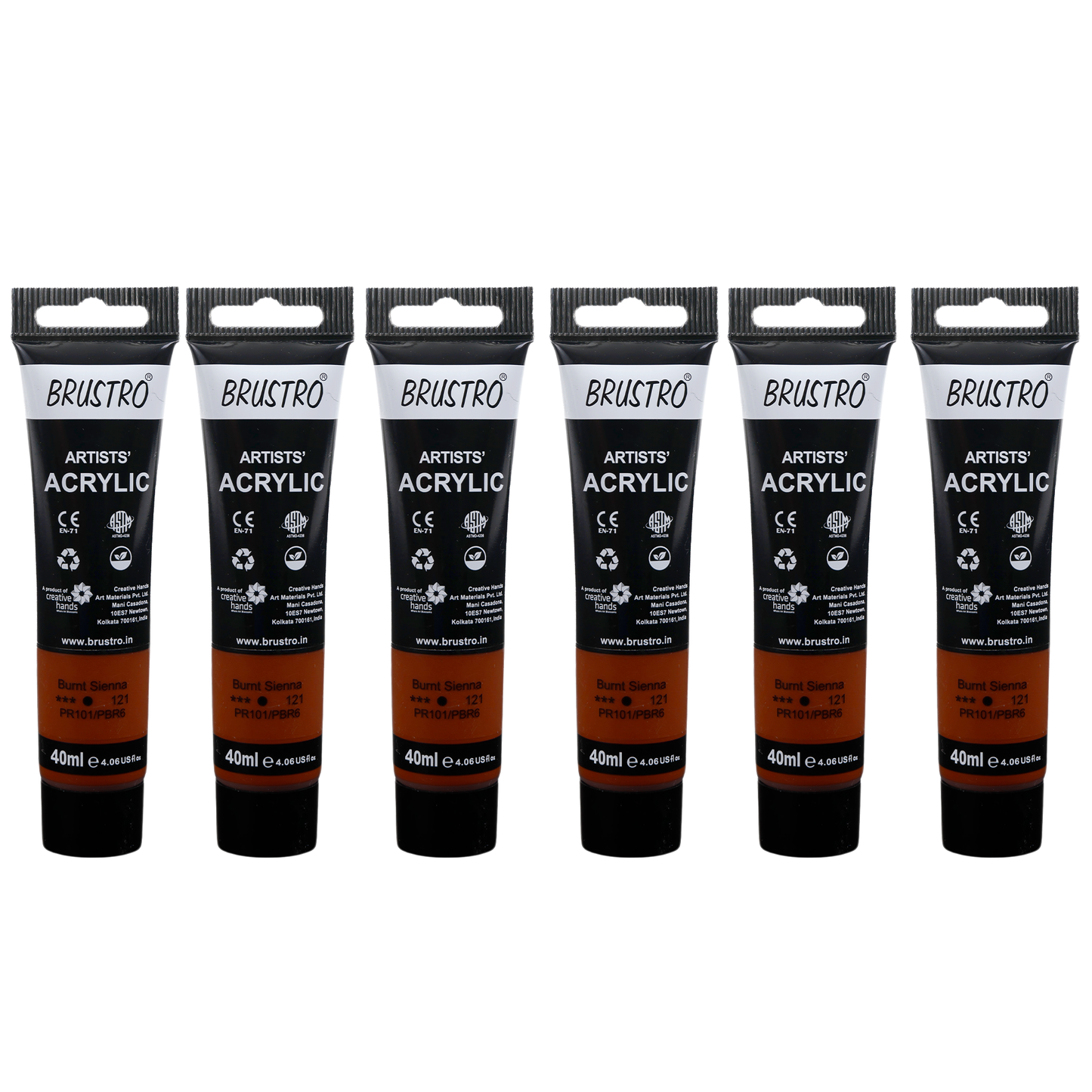 BRUSTRO Artists Acrylic Paint |40ml, Burnt Sienna, Pack Of 6 Tubes|Non-Toxic,Water based,Inter Mixable,Ideal for Painting,Textured Effects on Canvas,Paper,Fine Art Student and Professionals
