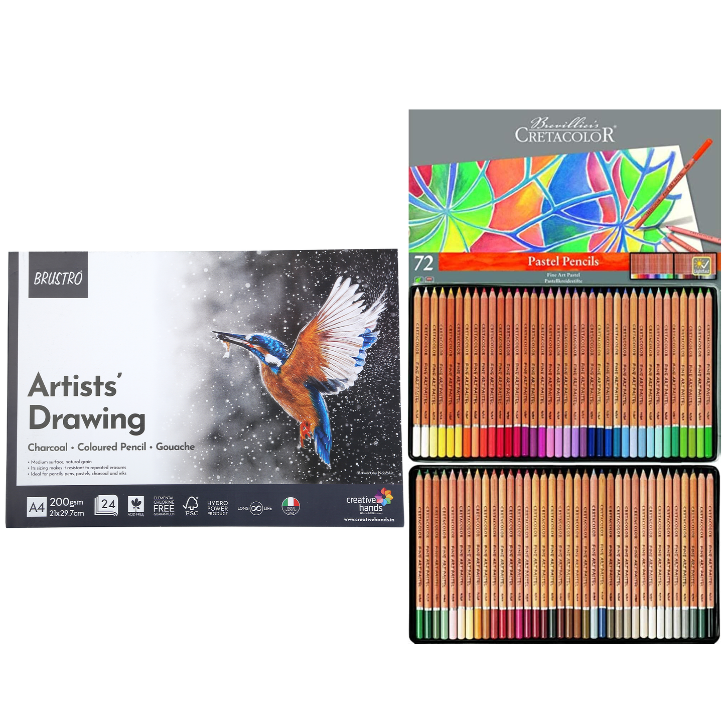 Brustro Artist Drawing Glued Pad (200 GSM,A4,24 Sheets,Natural Grain,Medium Surface) With Cretacolor Fine Art Pastel Pencil Set of 72,Blue (in a Tin Box)|Ideal for Sketching,Painting,Charcoal,Gouache