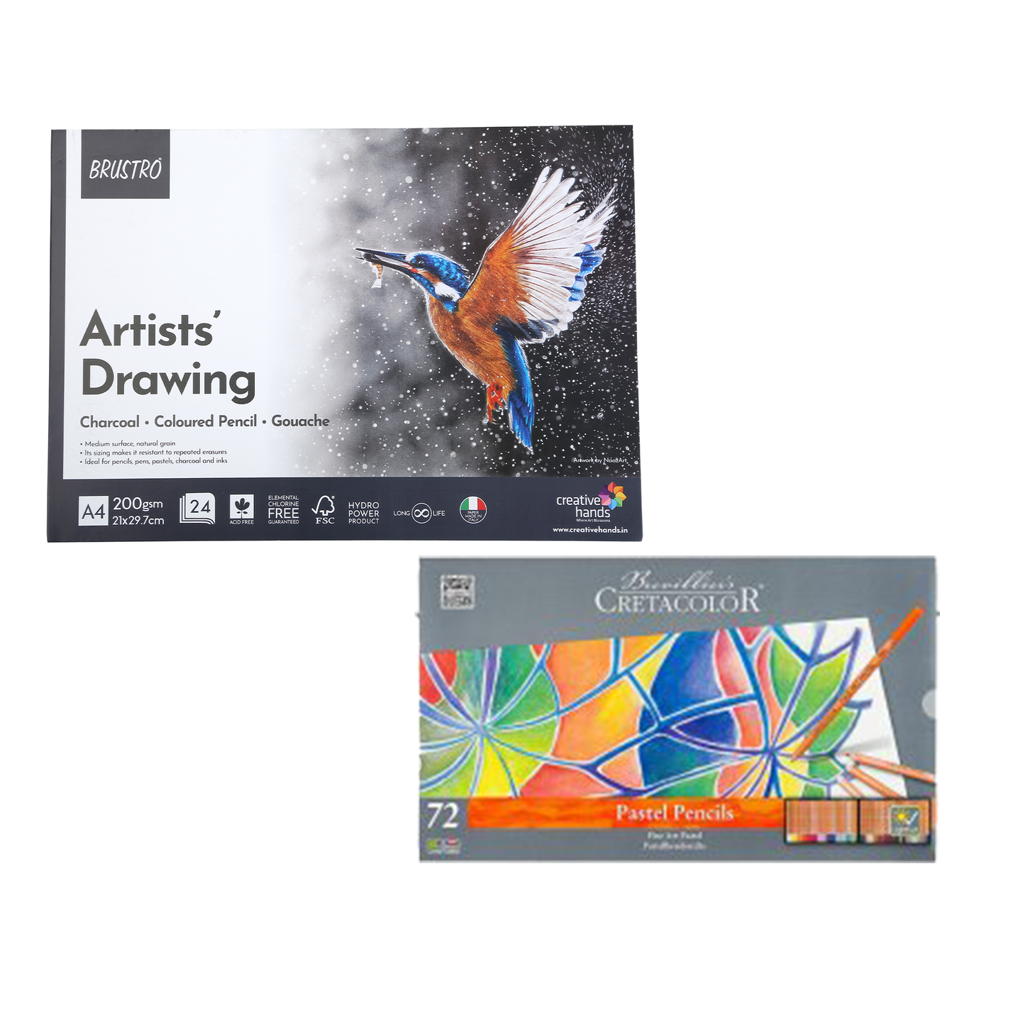 Brustro Artist Drawing Glued Pad (200 GSM,A4,24 Sheets,Natural Grain,Medium Surface) With Cretacolor Fine Art Pastel Pencil Set of 72,Blue (in a Tin Box)|Ideal for Sketching,Painting,Charcoal,Gouache