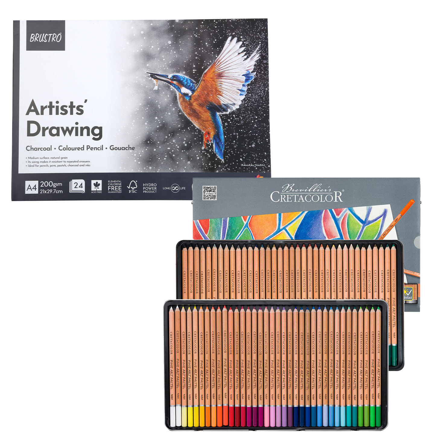 Brustro Artist Drawing Glued Pad (200 GSM,A4,24 Sheets,Natural Grain,Medium Surface) With Cretacolor Fine Art Pastel Pencil Set of 72,Blue (in a Tin Box)|Ideal for Sketching,Painting,Charcoal,Gouache