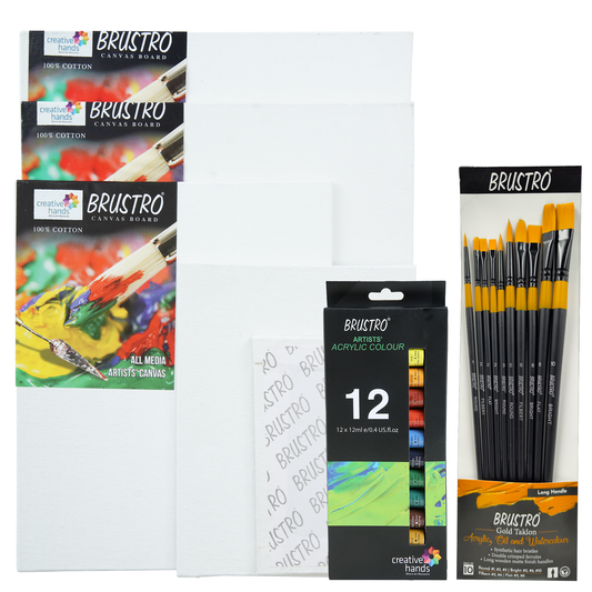 BRUSTRO Artists ’ Acrylic Colour Set of 12 Colours X 12ML Tubes with Gold Taklon Brush Set of 10 and 5 Canvas Boards (4x6, 6x8, 8x10, 10x12, 10x14)