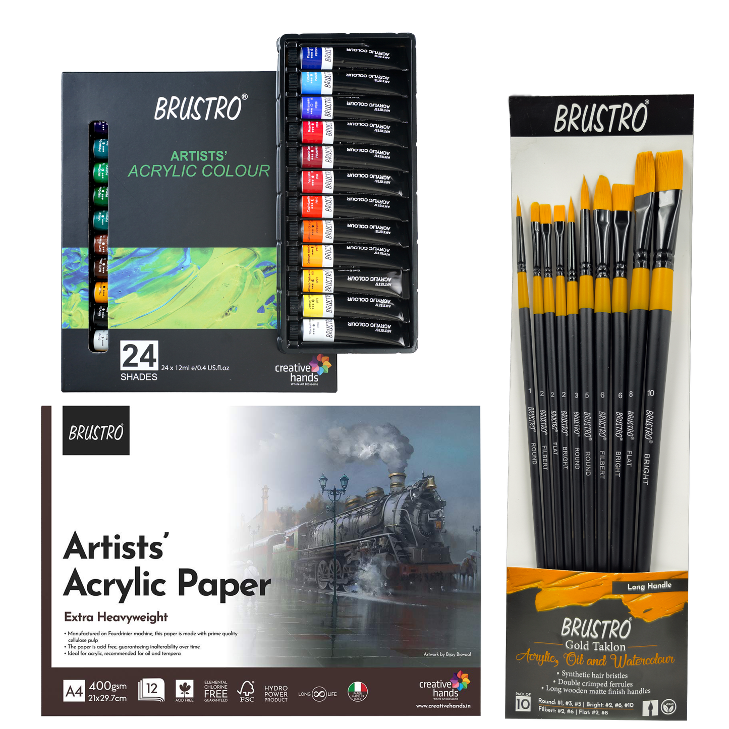 BRUSTRO Artists ’ Acrylic Colour Set of 24 Colours X 12ML Tubes with Glued Pad 400 GSM, A4-12 Sheets and Gold TAKLON Set of 10 Brushes
