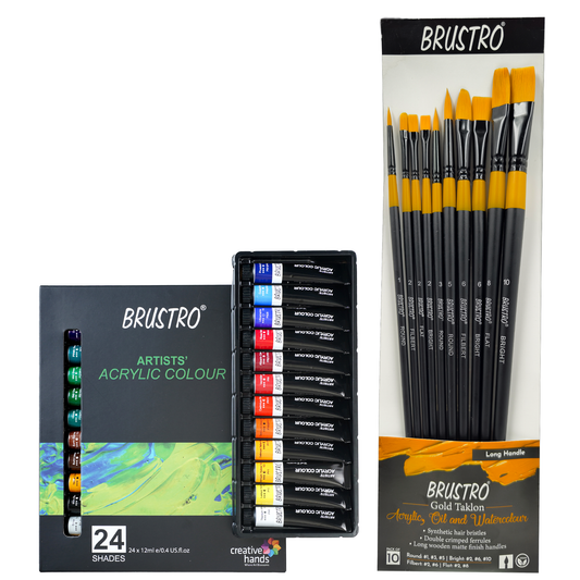 BRUSTRO Acrylic Paint Set of 24, Multicolour 12ml Tubes with Gold Taklon Brush Set of 10