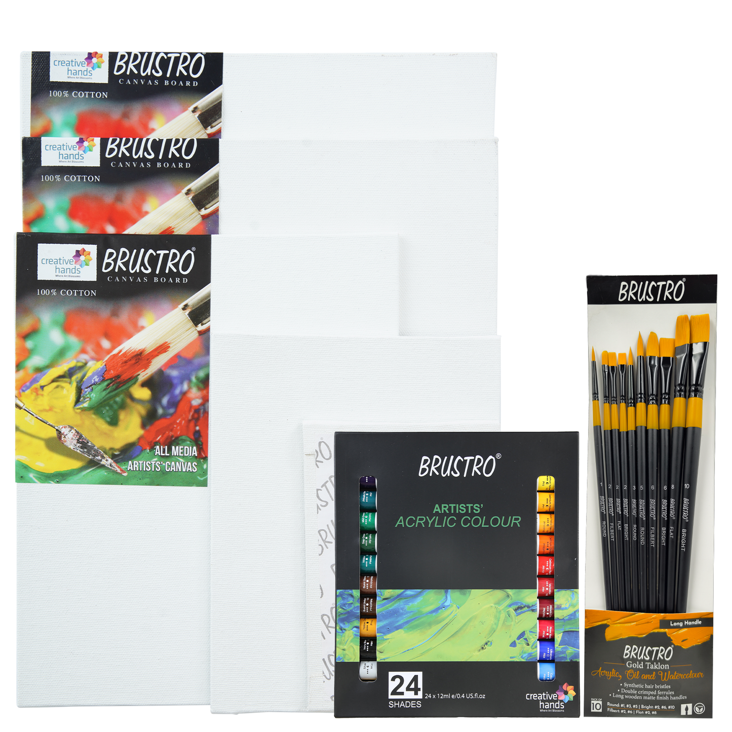 BRUSTRO Artists ’ Acrylic Colour Set of 24 with Gold Taklon Brush Set of 10 and 5 Canvas Boards (4x6, 6x8, 8x10, 10x12, 10x14)