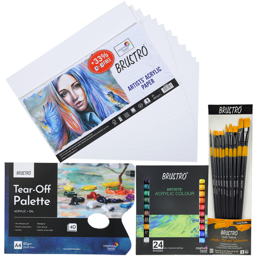 BRUSTRO Artists ’ Acrylic Colour Set of 24 with Gold Taklon Brush Set of 10, Acrylic Paper 400 GSM A4-12 Sheets and an A4 Size Tear Off Paper Palette.