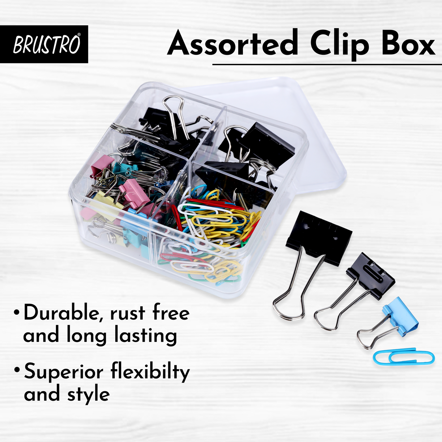 BRUSTRO Assorted Clip Box | Includes 120 Paper Clips-28mm & 56 Binder Clips (25mm- 6 pcs| 19mm- 15 pcs| 15mm- 35pcs) | Home, Office, Stationery use, Ideal for Students and Adults, Reusable, Flexible