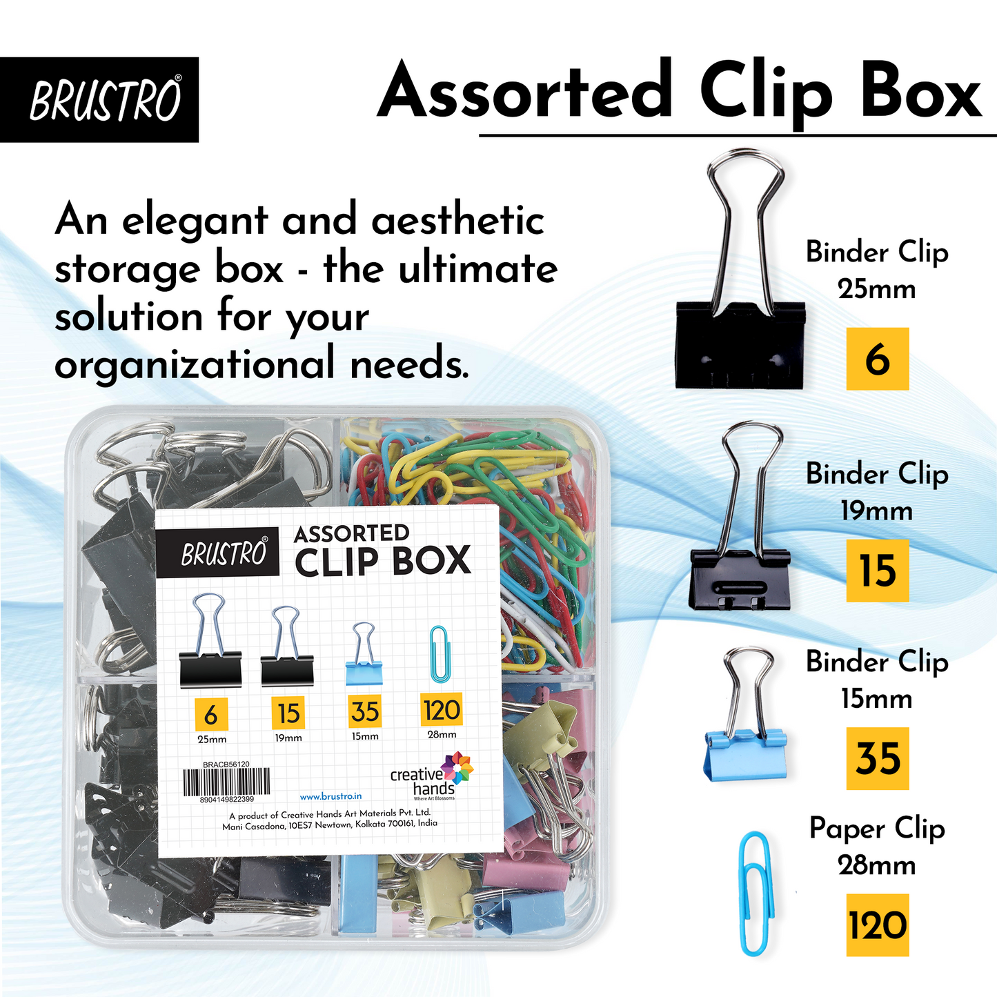 BRUSTRO Assorted Clip Box | Includes 120 Paper Clips-28mm & 56 Binder Clips (25mm- 6 pcs| 19mm- 15 pcs| 15mm- 35pcs) | Home, Office, Stationery use, Ideal for Students and Adults, Reusable, Flexible