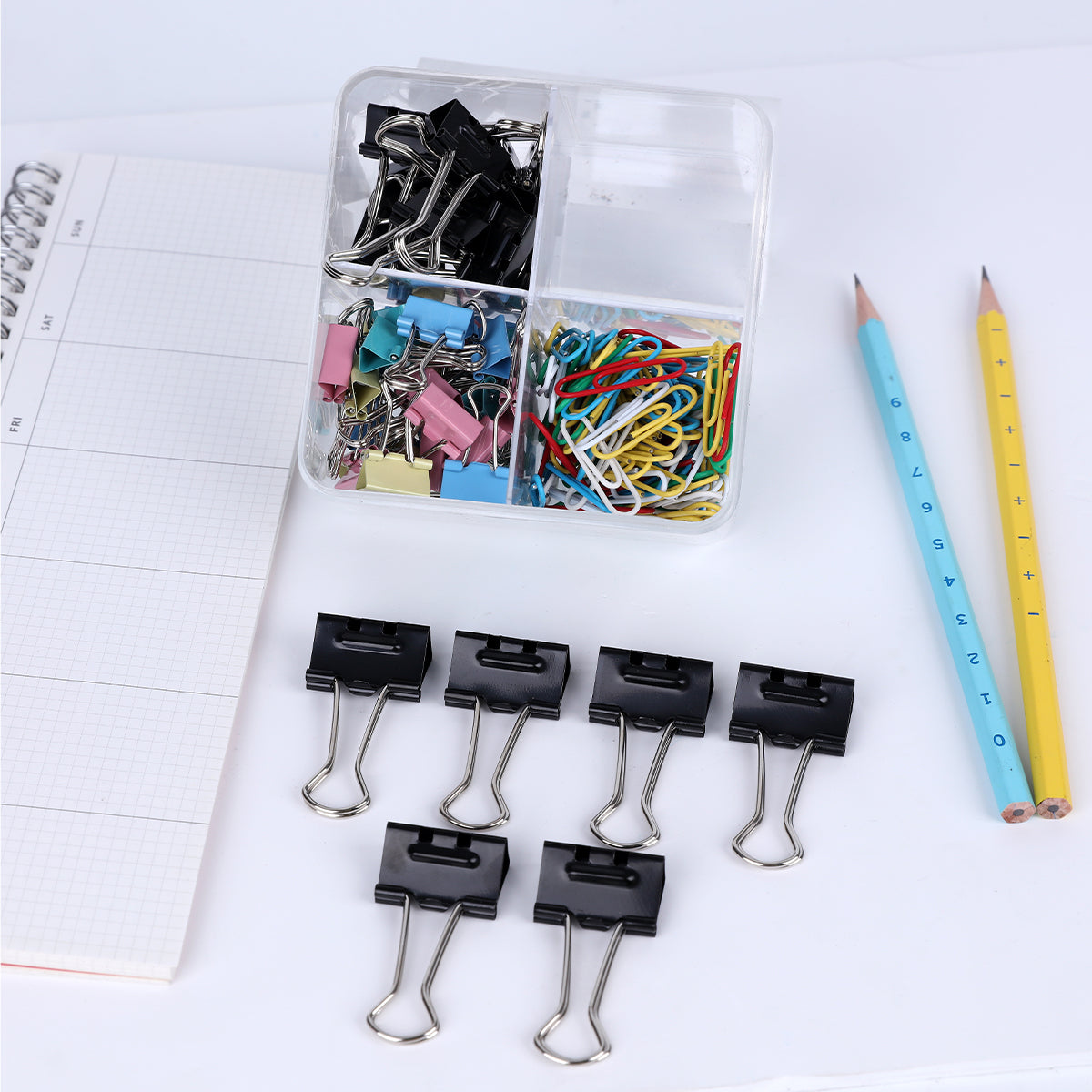 BRUSTRO Assorted Clip Box | Includes 120 Paper Clips-28mm & 56 Binder Clips (25mm- 6 pcs| 19mm- 15 pcs| 15mm- 35pcs) | Home, Office, Stationery use, Ideal for Students and Adults, Reusable, Flexible