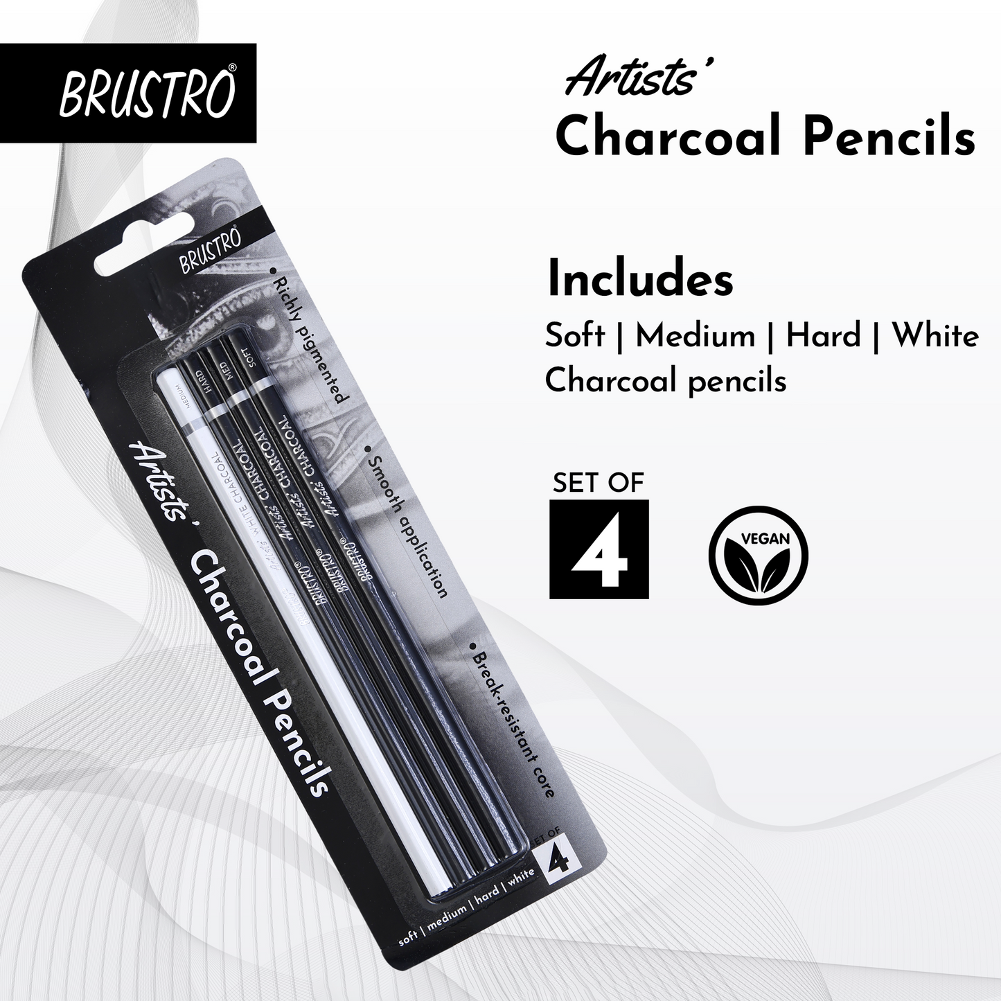 BRUSTRO Artists Charcoal Pencil - Set of 4 (3 Black Shade - Soft, Medium, Hard and 1 White - Medium) | Ideal for Drawing, Shading, Coloring, Sketching, Artwork, Portrait, Landscape, Smooth Blending