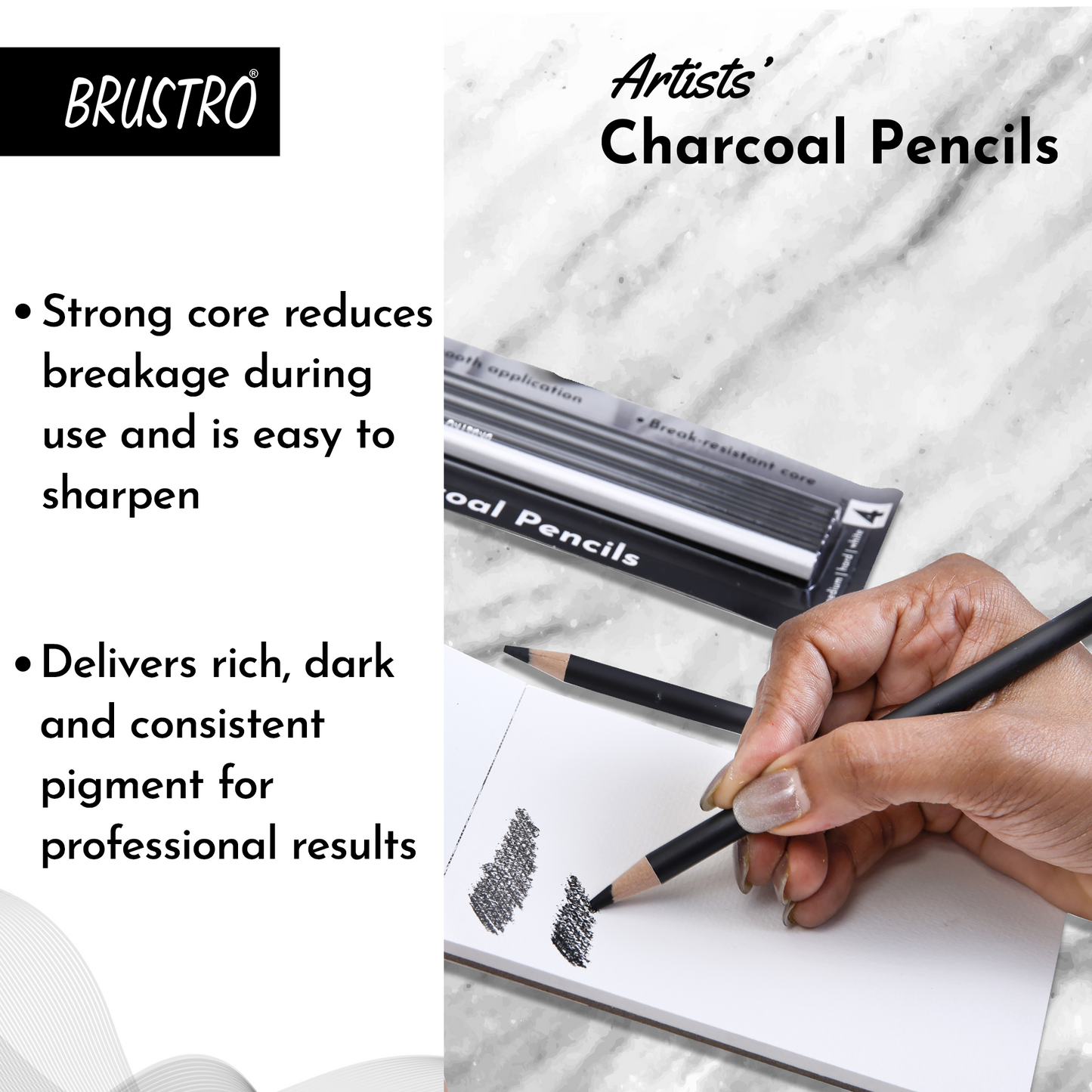 BRUSTRO Artists Charcoal Pencil - Set of 4 (3 Black Shade - Soft, Medium, Hard and 1 White - Medium) | Ideal for Drawing, Shading, Coloring, Sketching, Artwork, Portrait, Landscape, Smooth Blending