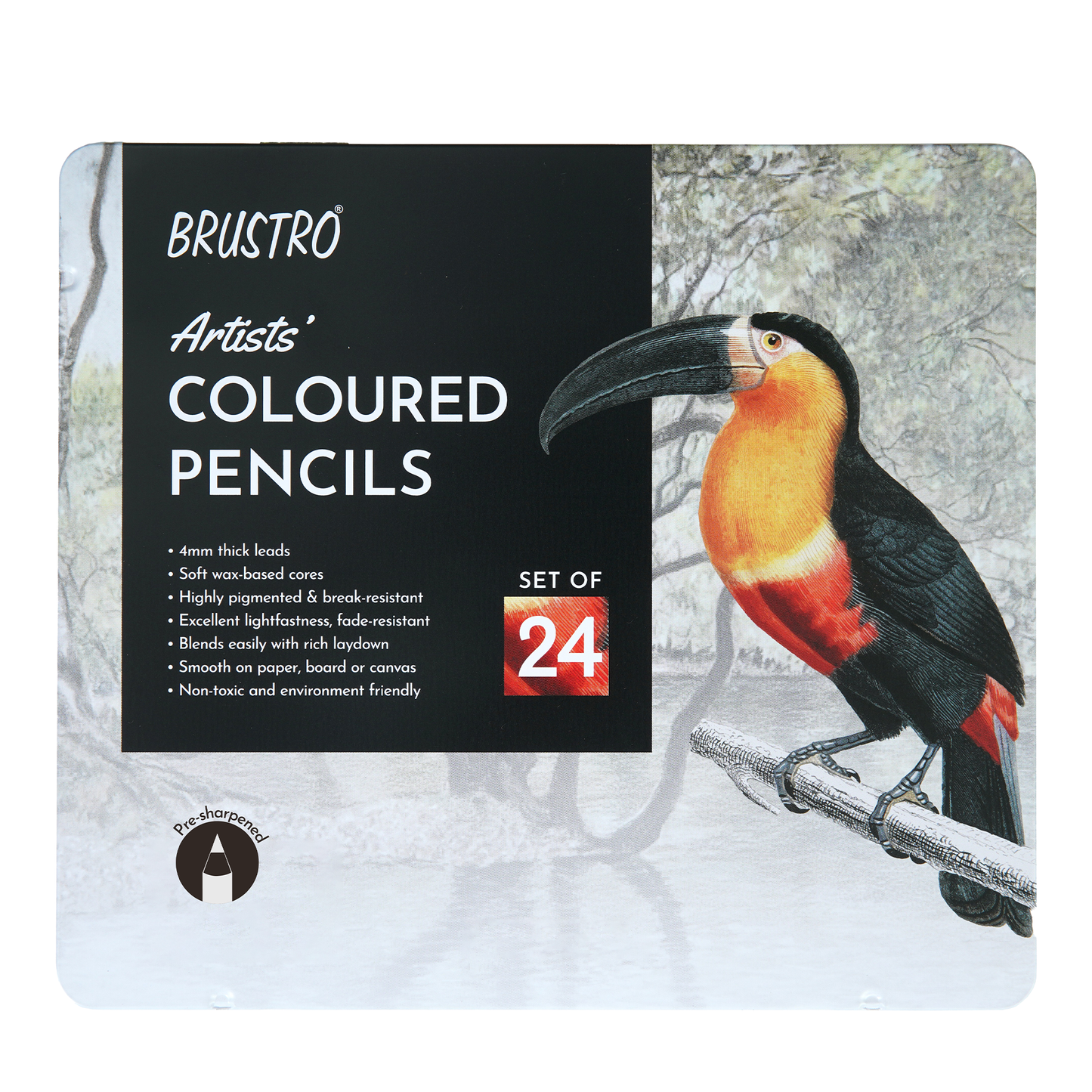 BRUSTRO Artists Colour Pencil | Set of 24 (in an Elegant tin Box) | Ideal for Students,Adults, Bright,Vibrant shades,Break & Fade resistant, DIY Art,Highly Pigmented, School, Portrait, Coloring