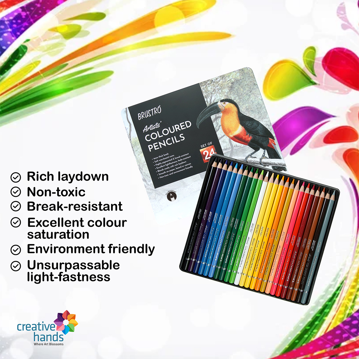 Brustro Artists' Coloured Pencil Set of 24 (in Elegant tin Box) with Fabriano Accademia Sketching Pad A5