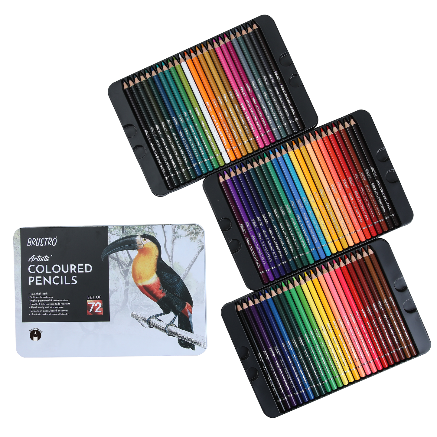 BRUSTRO Artists Colour Pencil | 6B, Set of 72 (in an Elegant tin Box) | Ideal for Students,Adults,Multiple Colors,Bright,Vibrant,Fade Resistant,DIY Art,Highly Pigmented, School, Safe use for Children
