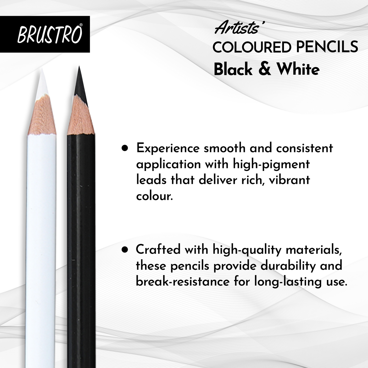BRUSTRO Artists Coloured Pencils | Black & White | Set of 6 ( 3 Whites and 3 Blacks ) | Ideal for Students and Adults, Color, Sketching, Shading, Drawing, Blending, Mandala Art, School, Office Use
