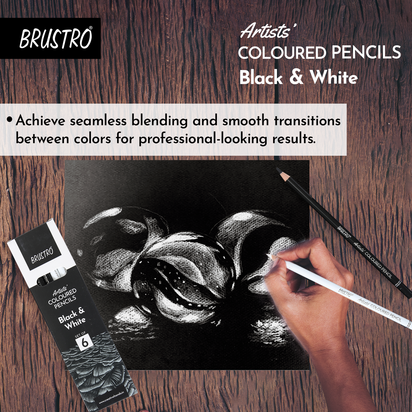 BRUSTRO Artists Coloured Pencils | Black & White | Set of 6 ( 3 Whites and 3 Blacks ) | Ideal for Students and Adults, Color, Sketching, Shading, Drawing, Blending, Mandala Art, School, Office Use