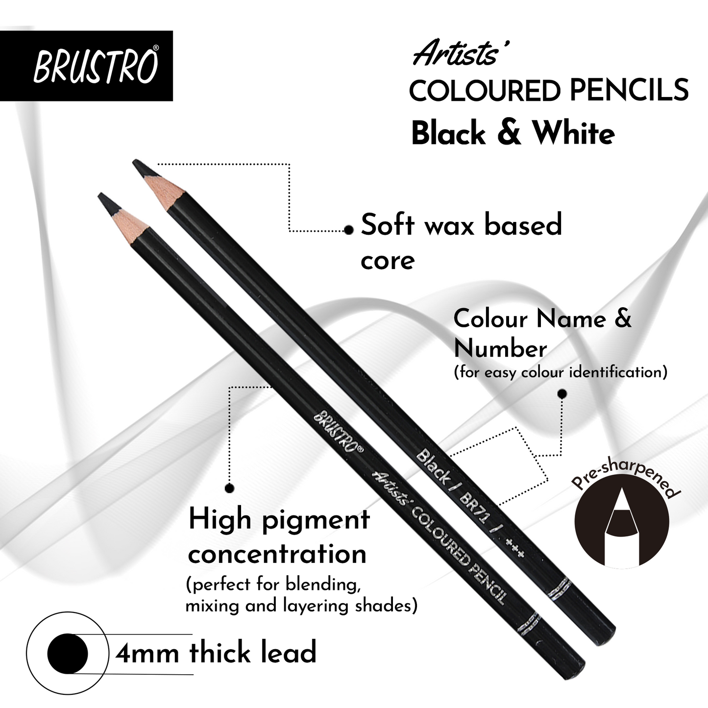 BRUSTRO Artists Coloured Pencils | Black & White | Set of 6 ( 3 Whites and 3 Blacks ) | Ideal for Students and Adults, Color, Sketching, Shading, Drawing, Blending, Mandala Art, School, Office Use
