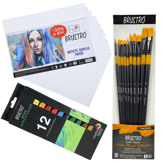 BRUSTRO Artists ’ Acrylic Colour Set of 12 Colours X 12ML Tubes with Gold Taklon Brush Set of 10 and Acrylic Paper 400 GSM A4-12 Sheets.