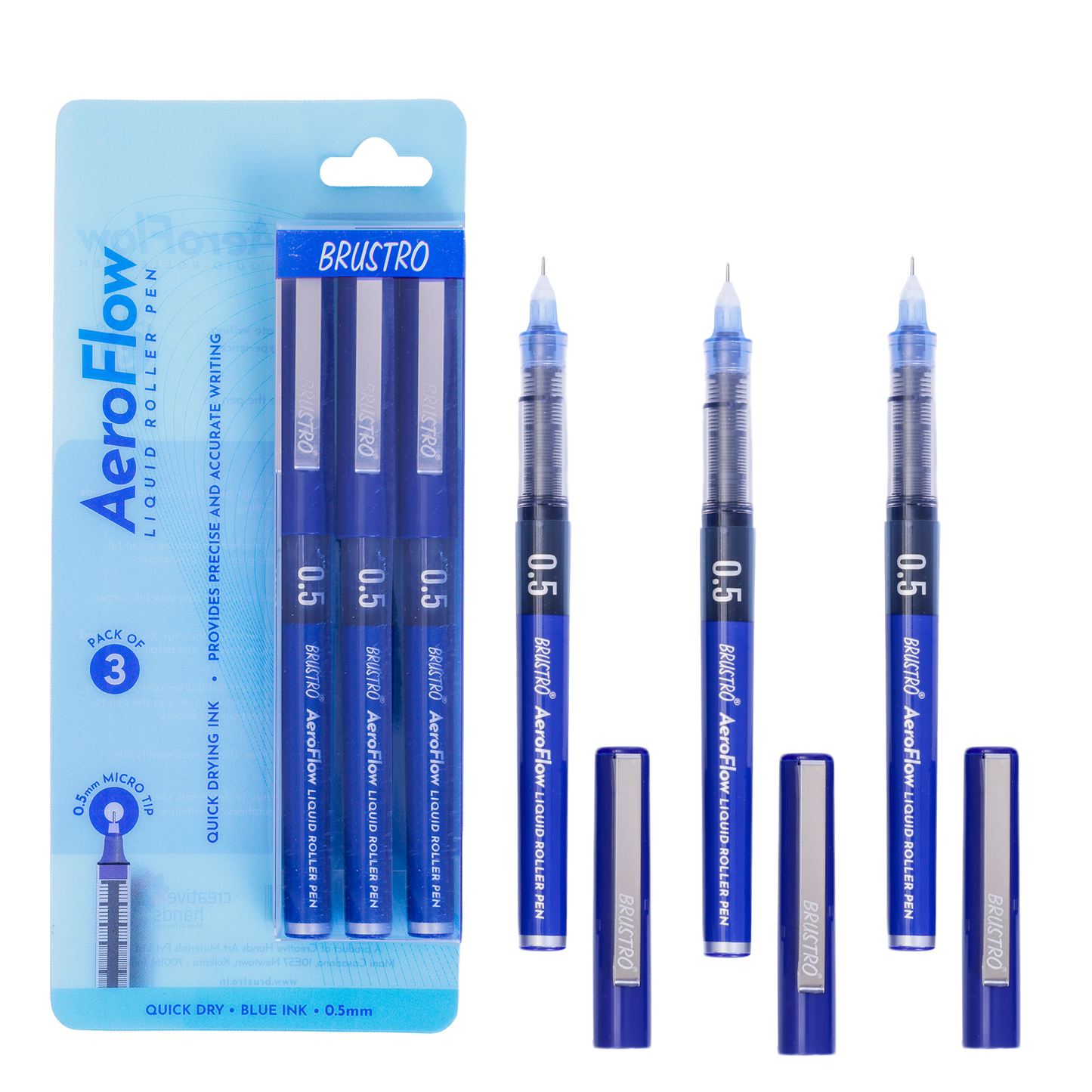 BRUSTRO AeroFlow Liquid Ink Rollerball Pens | Blue | 0.5mm, Micro Tip | Pack of 3| Ideal for Students, Professionals, Office, Exam use, Accurate Smooth Writing, Fade Resistant