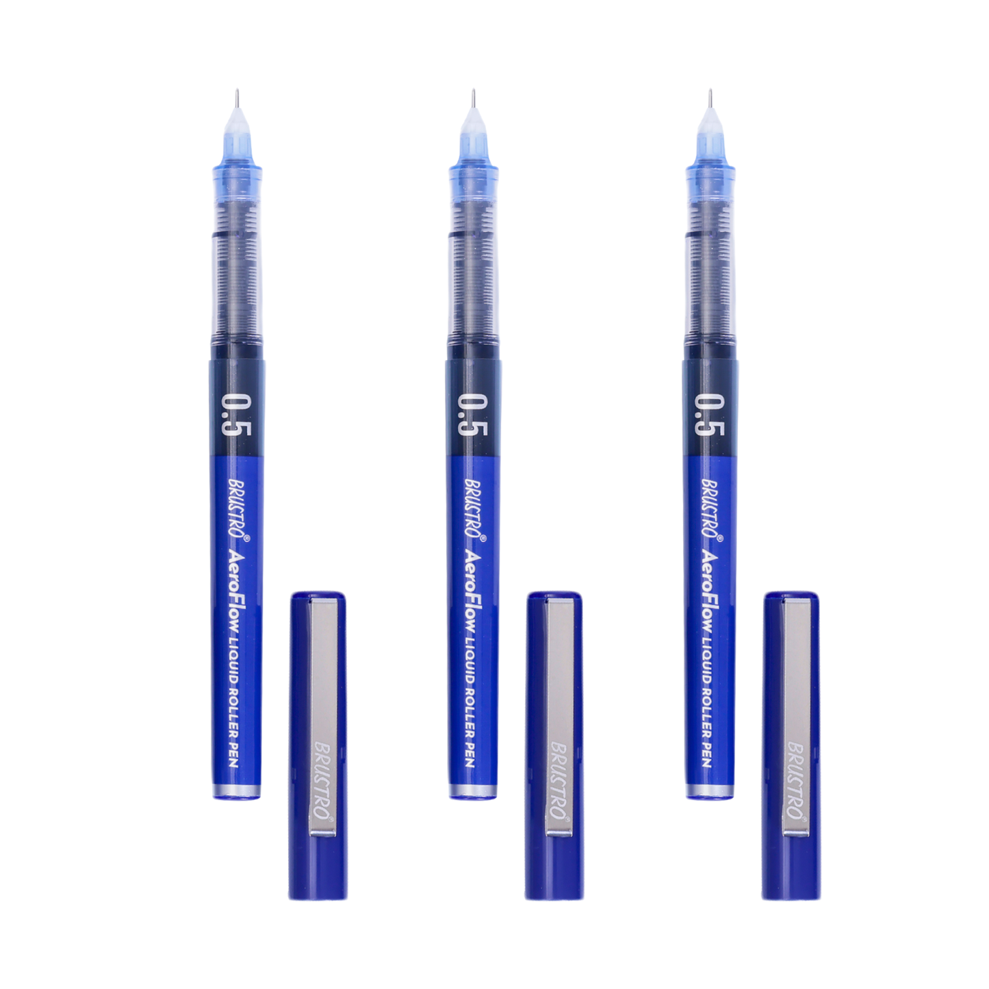 BRUSTRO AeroFlow Liquid Ink Rollerball Pens | Blue | 0.5mm, Micro Tip | Pack of 3| Ideal for Students, Professionals, Office, Exam use, Accurate Smooth Writing, Fade Resistant