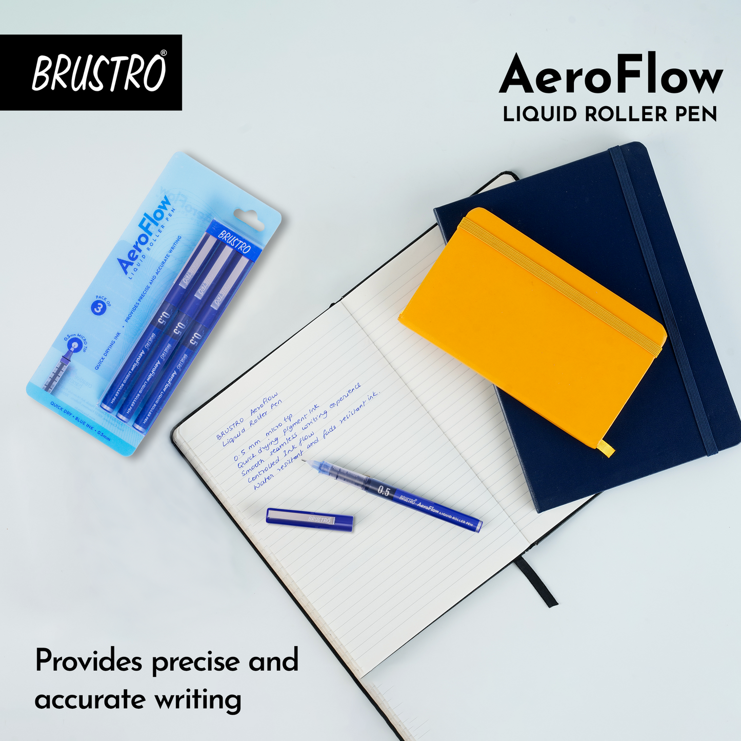 BRUSTRO AeroFlow Liquid Ink Rollerball Pens | Blue | 0.5mm, Micro Tip | Pack of 3| Ideal for Students, Professionals, Office, Exam use, Accurate Smooth Writing, Fade Resistant