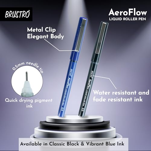 BRUSTRO AeroFlow Liquid Ink Rollerball Pens | Black | 0.5mm, Micro Tip | Pack of 3 | Ideal for Students, Professionals, Office, Exam use, Accurate Smooth Writing, Fade Resistant