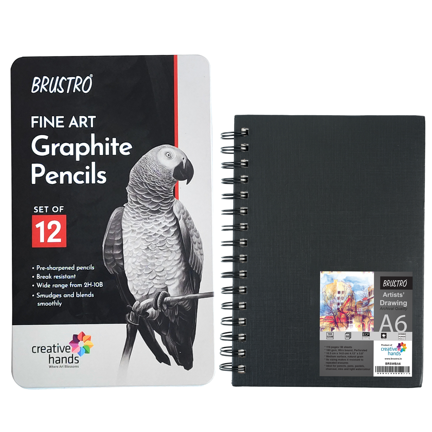 BRUSTRO Artists ’ FINEART Graphite Pencil Set of 12 (10B-2H) with Brustro Artists Sketchbook A6 Size Wiro Bound 116 Pages 160 GSM