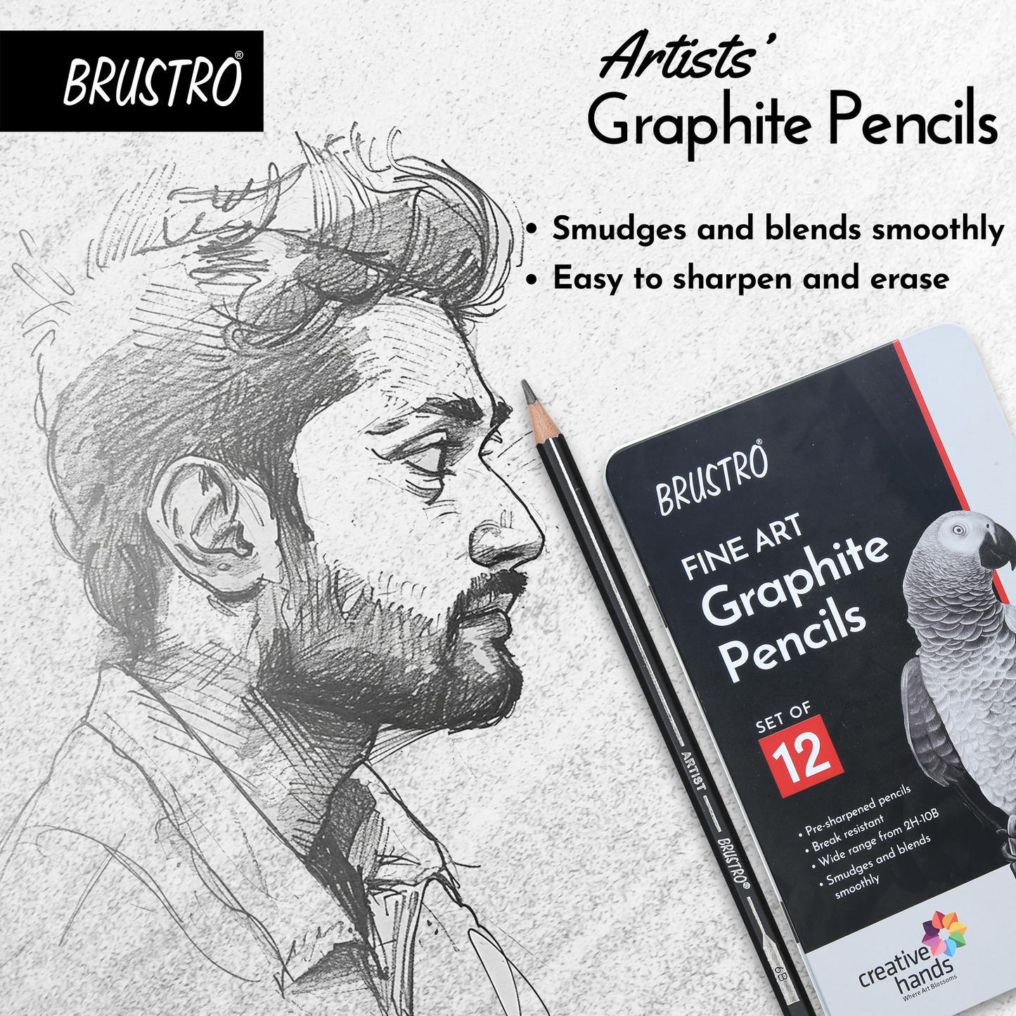 BRUSTRO Artists Fineart Graphite Pencil Set of 12(10B-2H) with Elegant Tin Box With Studio Drawing Book,Blank 80 Pages, Wiro Bound, A4(8.3x11.7 inches), 140 GSM,Perforated Sheets|For Sketching,Writing