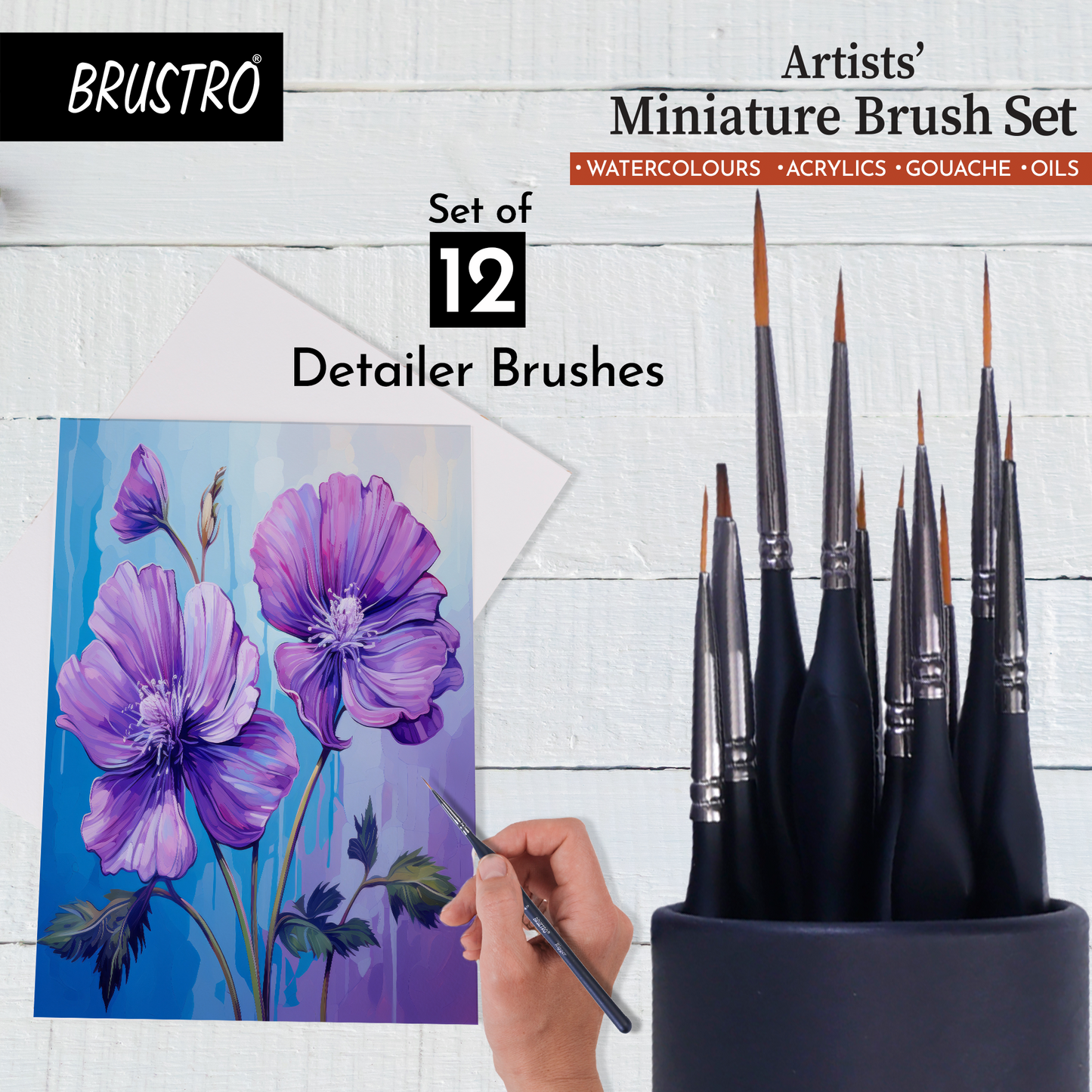 BRUSTRO Artists’ Miniature Precision Brushes - Set of 12 | Synthetic Bristles, Detail Fine Tip