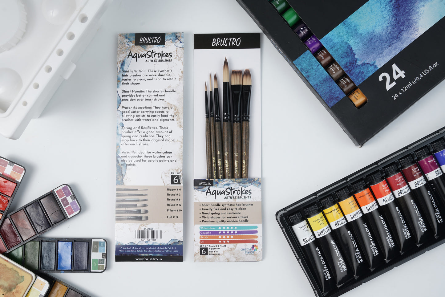 BRUSTRO AquaStrokes Artist Brushes | Set of 6 | Ideal for Watercolour, Gouache, Acrylics, Oil Brush, Synthetic Bristles, Wooden handle | Made for Students and Professionals Artists